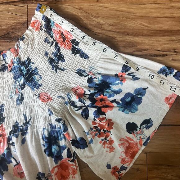 Cream Blue Pink Size XL Rewind Y2K Smocked Off The Shoulder Floral Print Top - Picture 5 of 7